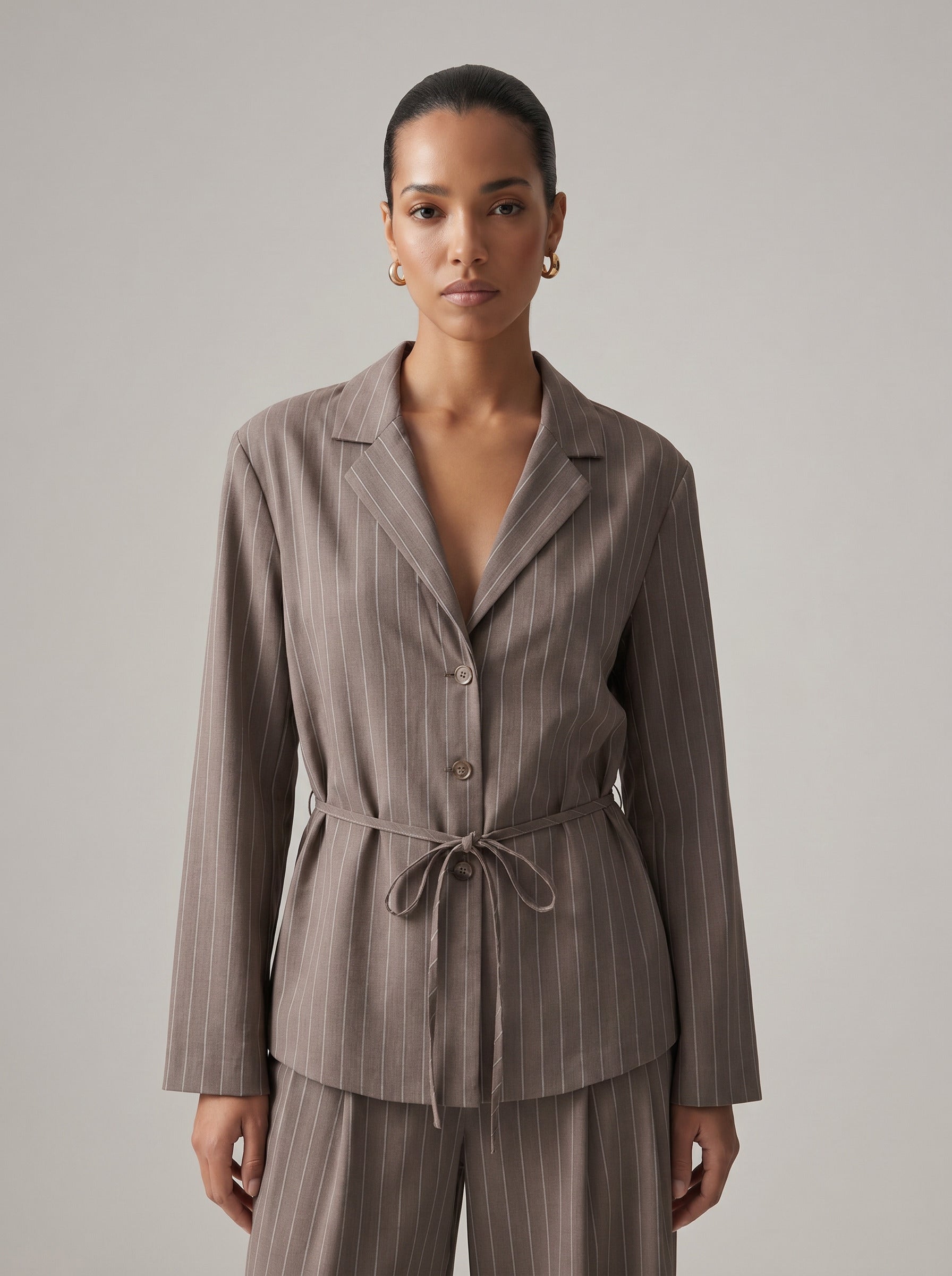 Pinstripe Tie Waist Blazer Set