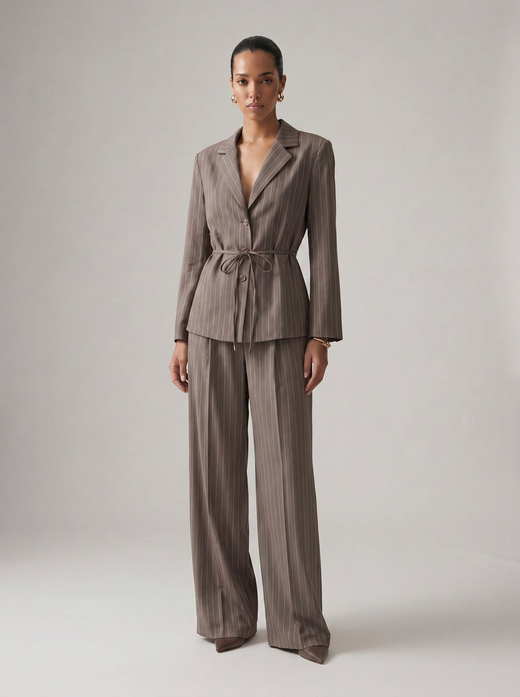 Pinstripe Tie Waist Blazer Set