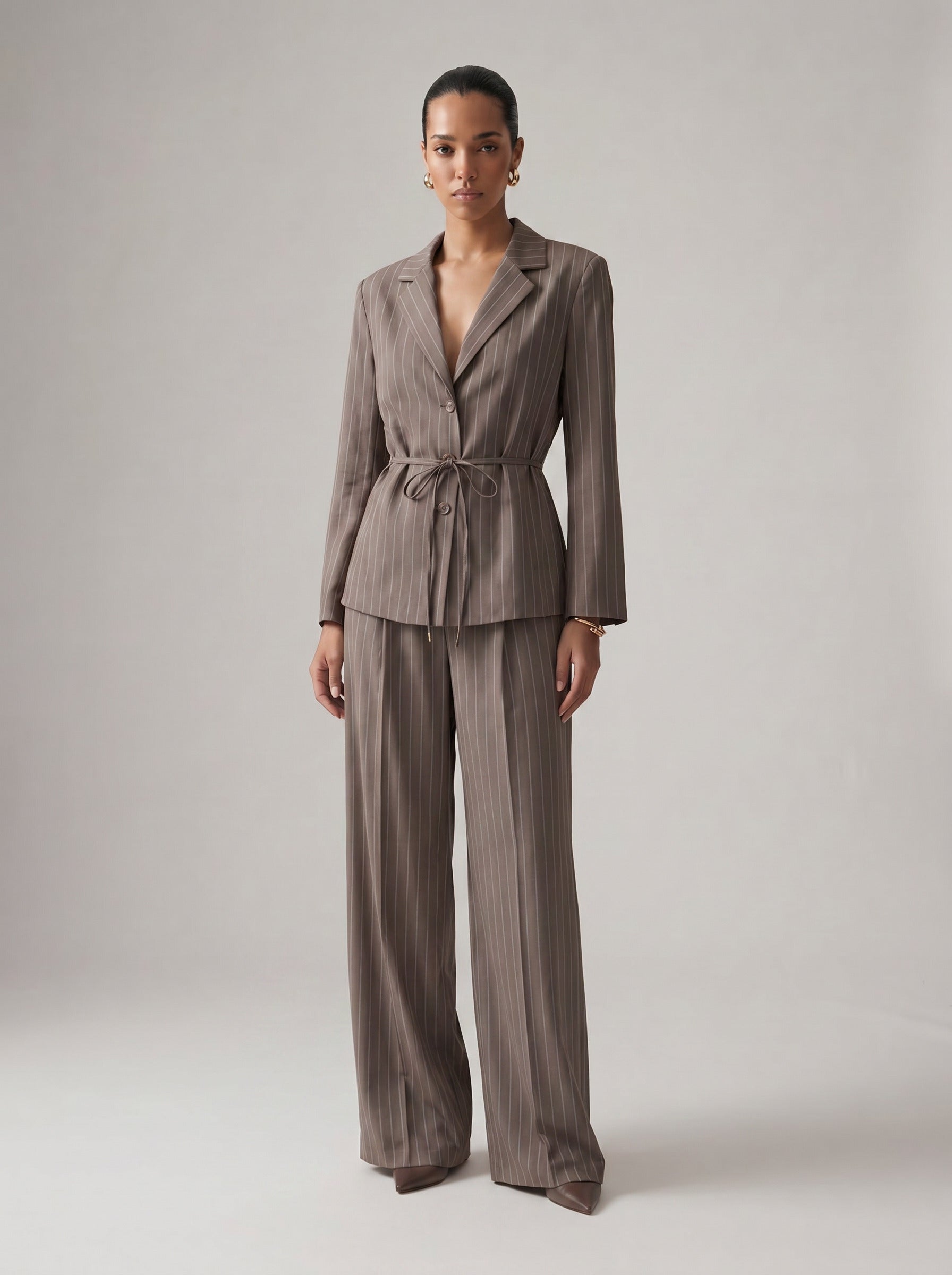 Pinstripe Tie Waist Blazer Set