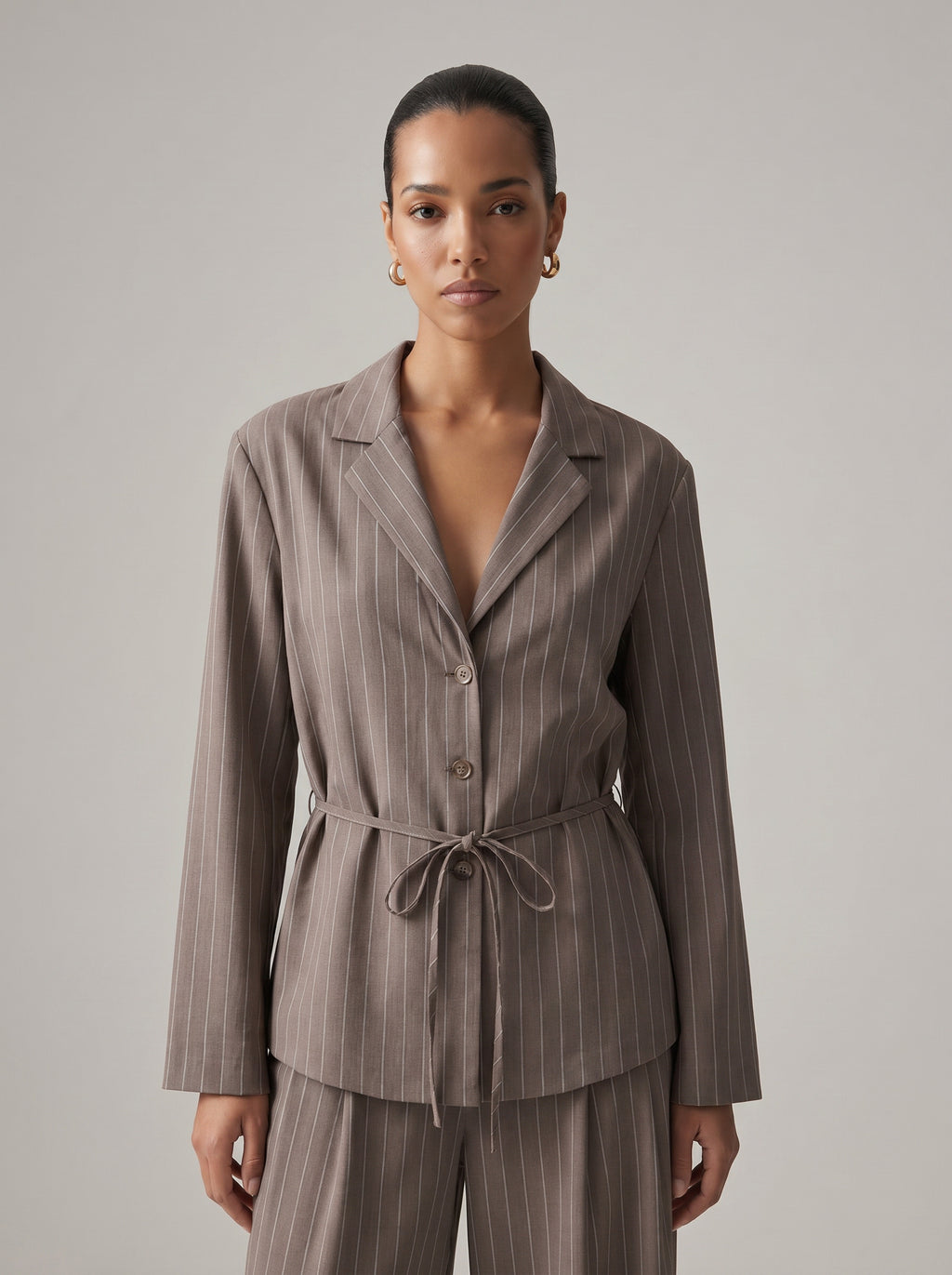 Pinstripe Tie Waist Blazer Set